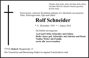 Traueranzeige von Rolf Schneider von Siegener Zeitung