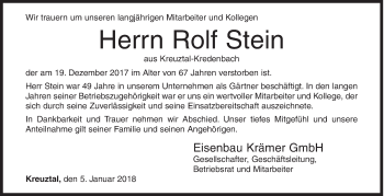 Traueranzeige von Rolf Stein von Siegener Zeitung