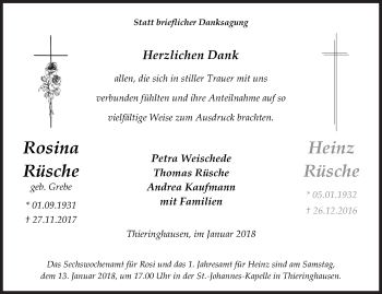 Traueranzeige von Rosina Rüsche von Siegener Zeitung