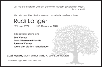 Traueranzeige von Rudi Langer von Siegener Zeitung