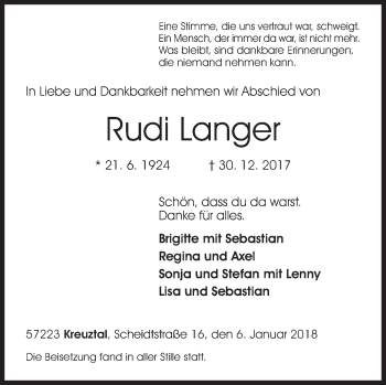 Traueranzeige von Rudi Langer von Siegener Zeitung