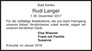 Traueranzeige von Rudi Langer von Siegener Zeitung