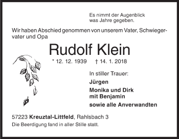Traueranzeige von Rudolf Klein von Siegener Zeitung