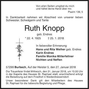Traueranzeige von Ruth Knopp von Siegener Zeitung