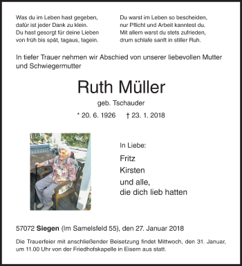 Traueranzeige von Ruth Müller von Siegener Zeitung