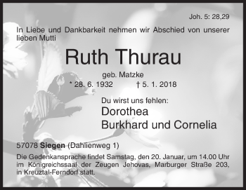 Traueranzeige von Ruth Thurau von Siegener Zeitung