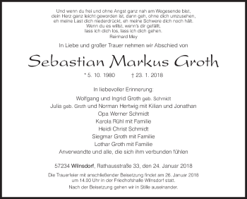 Traueranzeige von Sebastian Markus Groth von Siegener Zeitung