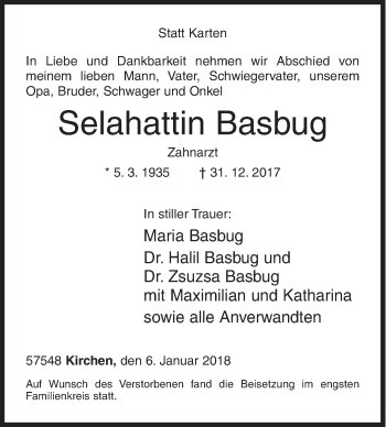 Traueranzeige von Selahattin Basbug von Siegener Zeitung