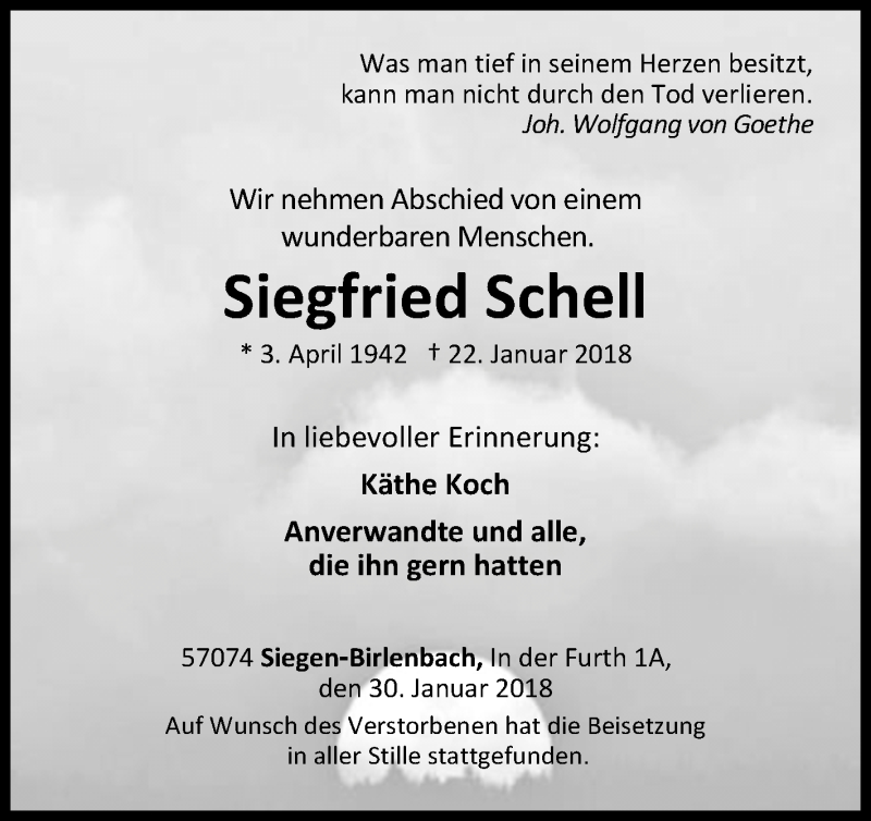  Traueranzeige für Siegfried Schell vom 30.01.2018 aus Siegener Zeitung