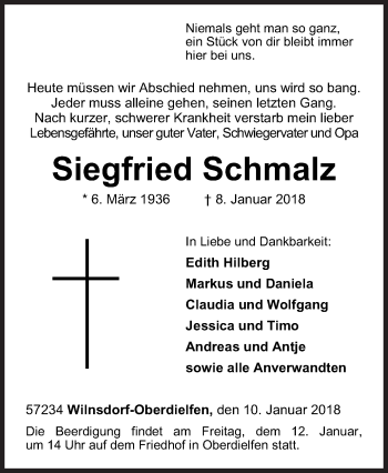 Traueranzeige von Siegfried Schmalz von Siegener Zeitung