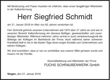 Traueranzeige von Siegfried Schmidt von Siegener Zeitung
