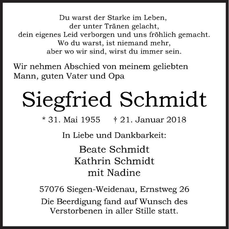  Traueranzeige für Siegfried Schmidt vom 27.01.2018 aus Siegener Zeitung