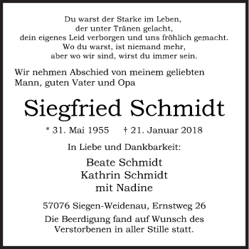 Traueranzeige von Siegfried Schmidt von Siegener Zeitung