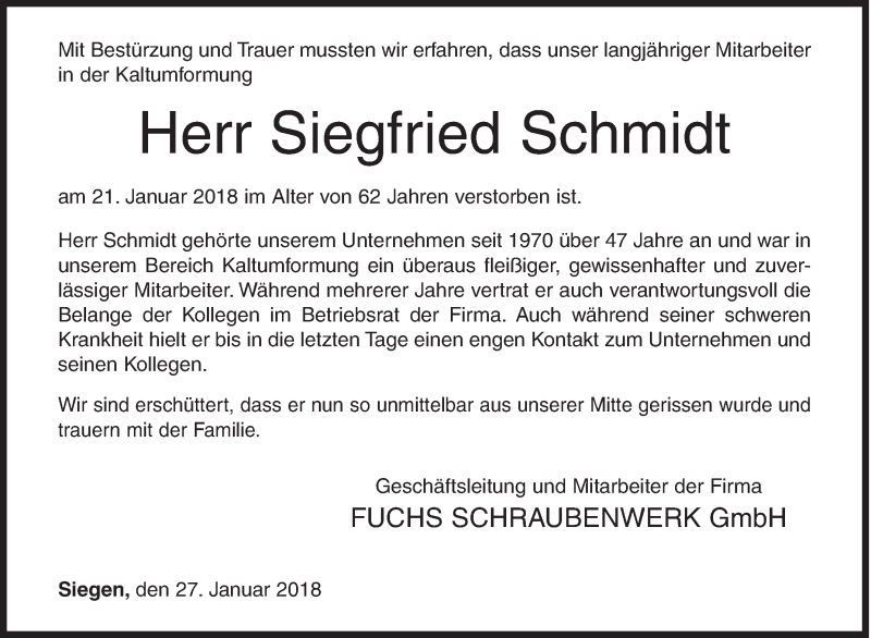  Traueranzeige für Siegfried Schmidt vom 27.01.2018 aus Siegener Zeitung