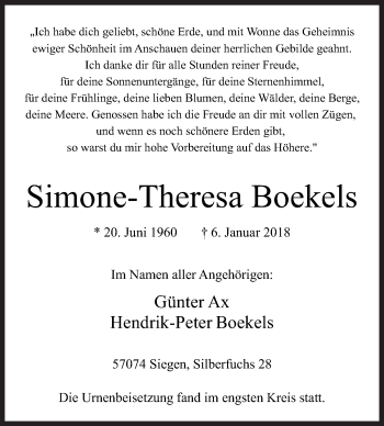 Traueranzeige von Simone-Theresa Boekels von Siegener Zeitung