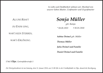 Traueranzeige von Sonja Müller von Siegener Zeitung