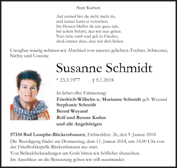 Traueranzeige von Susanne Schmidt von Siegener Zeitung