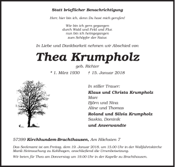Traueranzeige von Thea Krumpholz von Siegener Zeitung