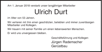 Traueranzeige von Ulrich Durt von Siegener Zeitung