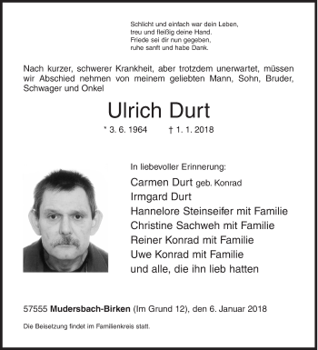 Traueranzeige von Ulrich Durt von Siegener Zeitung