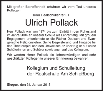 Traueranzeige von Ulrich Pollack von Siegener Zeitung