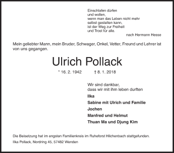 Traueranzeige von Ulrich Pollack von Siegener Zeitung