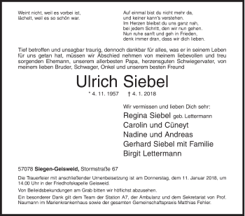 Traueranzeige von Ulrich Siebel von Siegener Zeitung