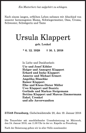 Traueranzeige von Ursula Klappert von Siegener Zeitung