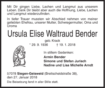 Traueranzeige von Ursula Elise Waltraud Bender von Siegener Zeitung