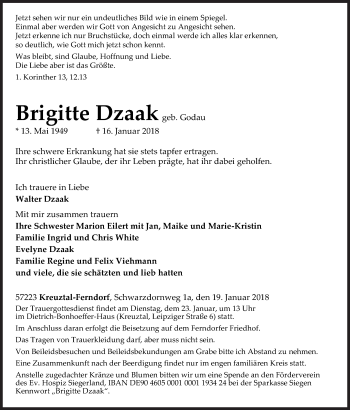Traueranzeige von Walter Dzaak von Siegener Zeitung