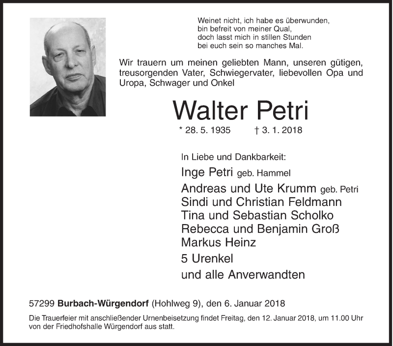  Traueranzeige für Walter Petri vom 06.01.2018 aus Siegener Zeitung