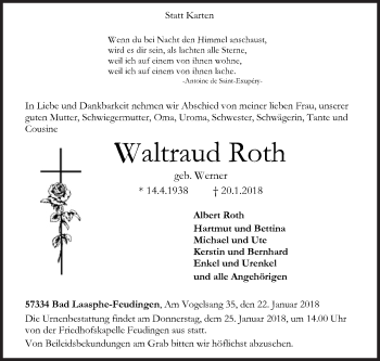 Traueranzeige von Waltraud Roth von Siegener Zeitung
