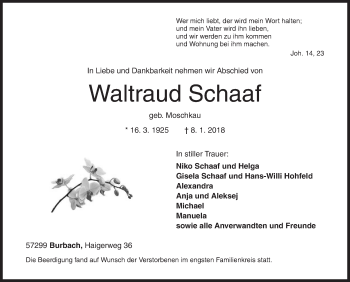 Traueranzeige von Waltraud Schaaf von Siegener Zeitung