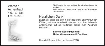 Traueranzeige von Werner Achenbach von Siegener Zeitung
