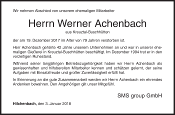 Traueranzeige von Werner Achenbach von Siegener Zeitung
