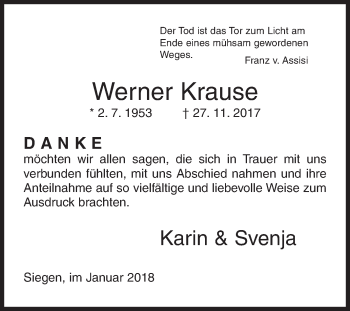 Traueranzeige von Werner Krause von Siegener Zeitung