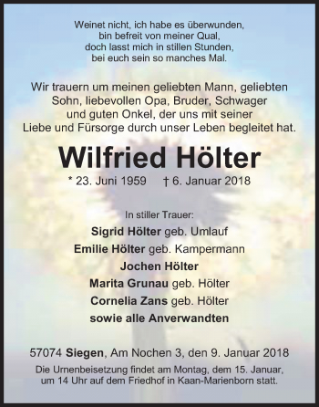 Traueranzeige von Wilfried Hölter von Siegener Zeitung