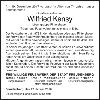 Traueranzeige von Wilfried Kensy von Siegener Zeitung
