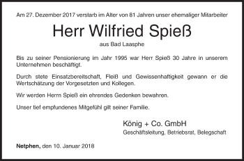 Traueranzeige von Wilfried Spieß von Siegener Zeitung