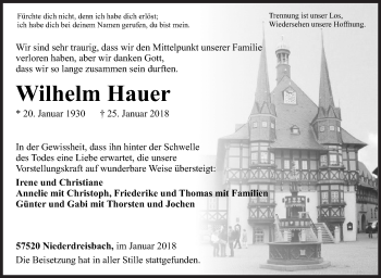 Traueranzeige von Wilhelm Hauer von Siegener Zeitung