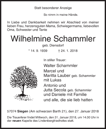 Traueranzeige von Wilhelmine Schammler von Siegener Zeitung