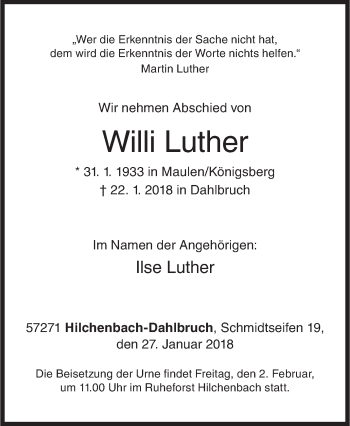 Traueranzeige von Willi Luther von Siegener Zeitung