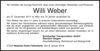 Traueranzeige von Willi Weber von Siegener Zeitung