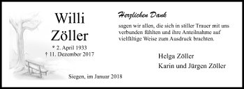 Traueranzeige von Willi Zöller von Siegener Zeitung