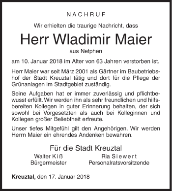 Traueranzeige von Wladimir Maier von Siegener Zeitung