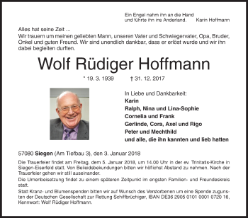 Traueranzeige von Wolf Rüdiger Hoffmann von Siegener Zeitung
