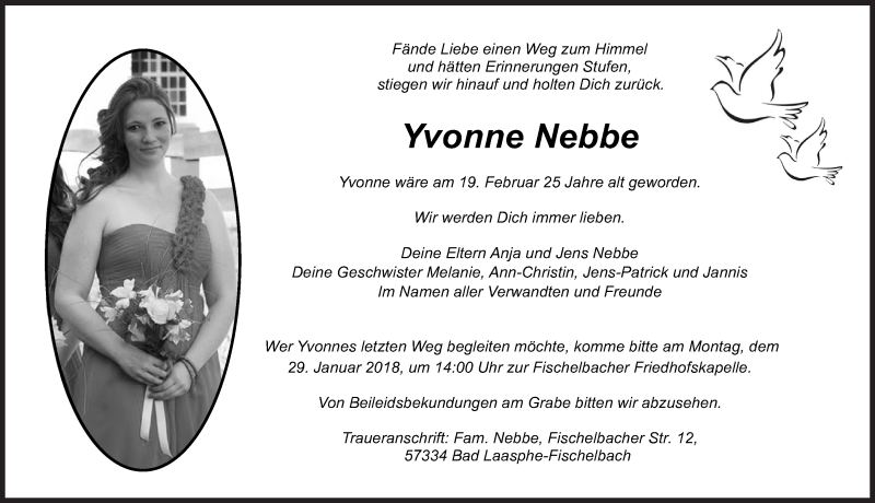  Traueranzeige für Yvonne Nebbe vom 26.01.2018 aus Siegener Zeitung