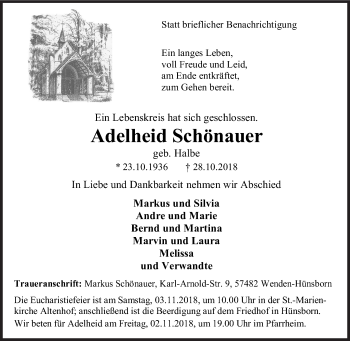 Traueranzeige von Adelheid Schönauer von Siegener Zeitung