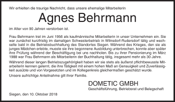 Traueranzeige von Agnes Behrmann von Siegener Zeitung