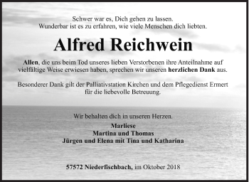 Traueranzeige von Alfred Reichwein von Siegener Zeitung
